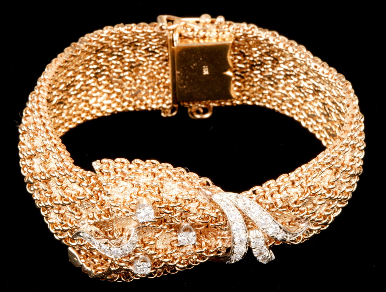 IMPRESSIVE 14k GOLD MESH CUFF DIAMOND BRACELET (1 of 16)