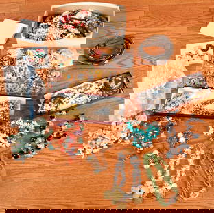 LOT of VINTAGE COSTUME JEWELRY: Includes various beaded necklaces, clip on earrings, pendants, an Avion International snake form belt, a sterling dragonfly brooch, a sterling Navajo bracelet set with turquoise, shell necklaces, etc.