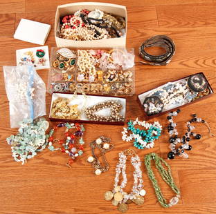 LOT of VINTAGE COSTUME JEWELRY: Includes various beaded necklaces, clip on earrings, pendants, an Avion International snake form belt, a sterling dragonfly brooch, a sterling Navajo bracelet set with turquoise, shell necklaces, etc.