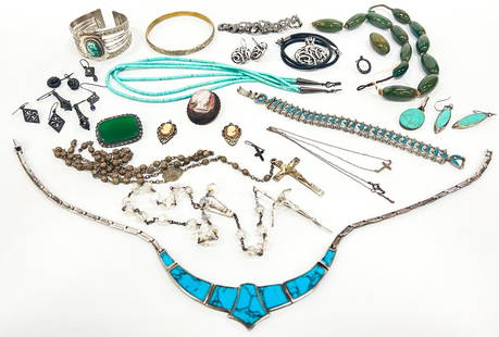 LOT of MISCELLANEOUS JEWELRY: Including (4) pr of silver/garnet earrings and (2) single earrings, turquoise pendant with matching earrings, (2) turquoise bracelets, (2) turquoise necklaces, (2) Rosaries and (1) Cross necklace, X0X