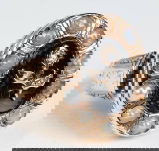 EDWARDIAN 14k GOLD MOMENTO RING: Onyx and pearl lid opens to a braided lock of hair and a second compartment presumably for a photograph. 14k gold tested sized 5 3/4. 5.5 dwt.