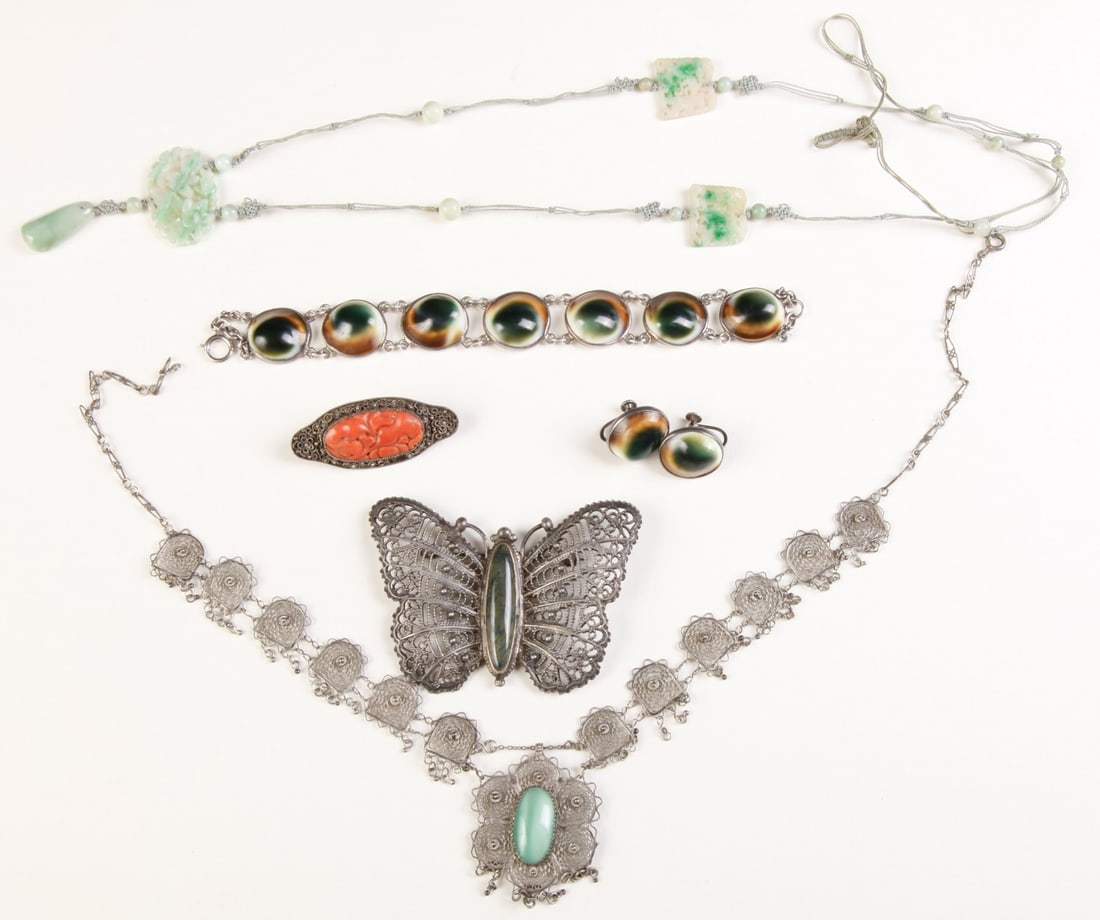 GROUPING OF JADE, SILVER FILIGREE & SHELL JEWELRY (1 of 16)
