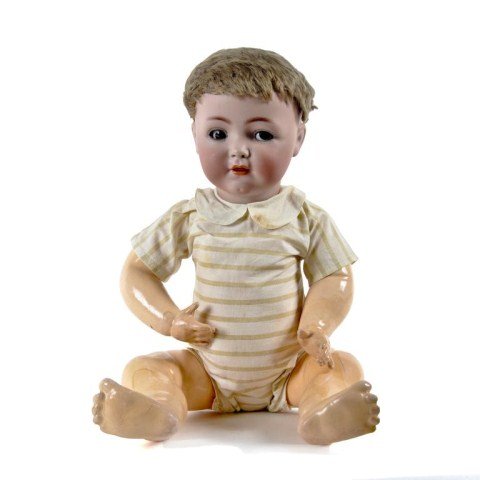 21" Franz, Schmidt & Co. flirty eye character: socket head toddler, incised "1295 F.S. & Co." with brown paperweight flirty eyes, feathered brows and lashes, dimpled chin and open mouth with separate tongue