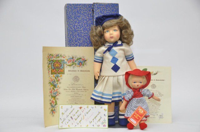 19" Limited Edition Lenci Doll: with white felt dress with blue trim, together with a smaller Lenci doll, with wrist tag and original box, with all paperwork