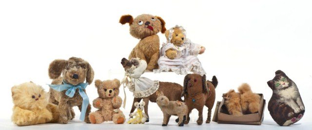 Lot of stuffed animals and toys: 7 1/2" Grace Drayton Dog, Mohair pup with blue ribbon, 8 1/2" teddy bear, cat, horse, etc. ******please note cat in left corner and dressed bear are not included in this lot!!!******