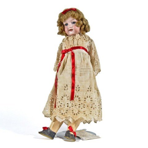 23" Armand Marseille Bisque socket head doll,: Incised "390 n D.R.G.M. 246/1 A 6 1/2 M" with kid body, bisque arms and muslin legs, blue sleep eyes, feathered brows and lashes, accent dots in eye corners and nostrils, open mouth, and fully jointed