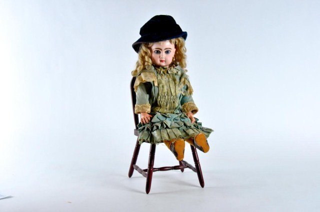 17" bisque socket head marked "C/6 6": (on head in red) possibly Jumeau with blue fixed paperweight eyes, feathered brows & lashes open close mouth, accent dots in nostrils, fully jointed composistion body, cork pate, period clothing, shoe