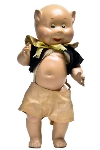 Madame Alexander Three Little Pigs: composition doll wearing black jacket and pink pants. apprx 11 1/2" tall