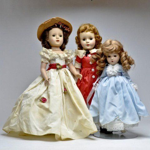 Three as is Madame Alexander dolls: (1) 18" with roses to gown (1) 17" red dress and straw hat (1) 15" compostion (not original clothing)