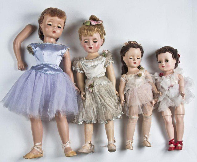 Four Alexander ballerinas - 20" in lavender -: arm off - 17" Nina Ballerina as is, 2-14" dolls all have wear/fading