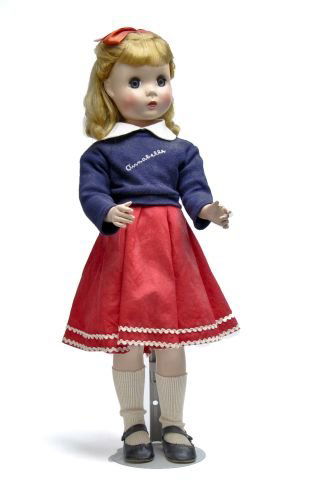 1952 Madame Alexander - Kate Smith - Annabelle -: 21" tall red skirt with white trim navy sweater with Annabelle embroided - socks , pantys and shoes- red bows in hair