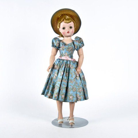 19 1/2 in Madame Alexander Cissy wears Blue: Bird pattern print dress , high heels straw hat, nylons