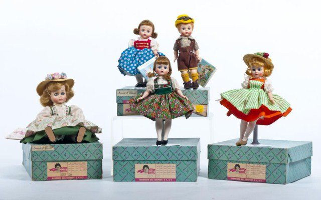 Lot of five Madame Alexander Sound of Music dolls: - Maria 12" 1971-73 (rare) , Liesl 9" 1971-73 (heel missing off shoe) , Louisa 9" 1971-73 (heel missing off shoe), Gretl 7" 1971-73, Friedrich 8" 1971-73( loose hand)