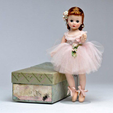 Madame Alexander "Cissette" ballerina triple: stitched red hair - wears tagged pink tutu, pink ballerina shoes, floral wreath in hair, rhinestone earrings 10"