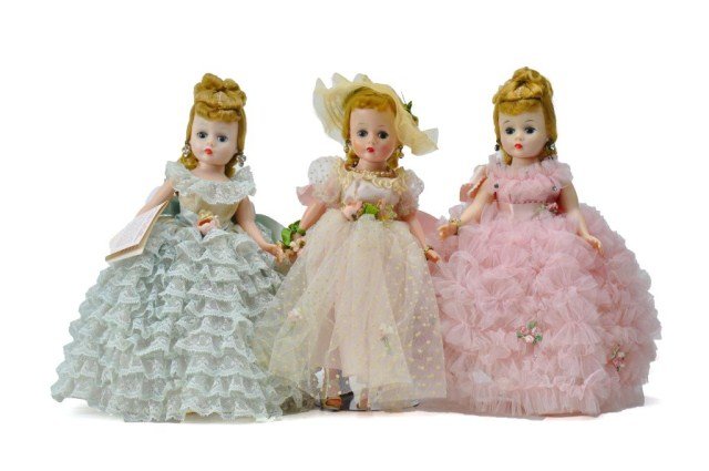 Lot of (3) Madame Alexander 10" Cissette's- (1): Ruffles and Rosebuds #831 (no headband) tagged. (1) Bridesmaid, pink gown w/ tulle & bouquet. (1) Portrette in blue ruffled gown (no shoes).