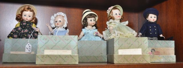 Five Boxed Alexander Kins #300 - yellow dress green: apron, straw hat - boxed Alexander Kins #544 straight leg non walker, blue polka dot dress and bonnet - boxed Alexander Kins E450- in pieces - boxed Alexander Kins #538, yellow dress, black floral pri