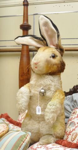 Large Steiff Rabbit 30" tall to top of ears: button in ear bell around neck. 22" to top of head.