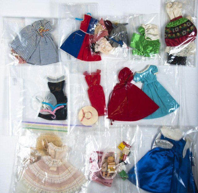Lot of 15 pcs. Barbie fashions, winter: holiday, complete, Friday nigh date, complete with straws, 2 dresses, cotton casual, cruise stripes, Plantation Belle, soild, no shoes or earrings, Sheath sensation, missing one glove, After 5, comple