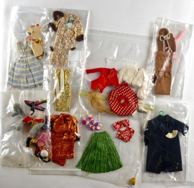 Lot of 10 Barbie outfits. Golden Girl-(dress: glove only), Golden Elegance - complete; Barbie in Hawaii ( no ankle lei or travel pamphlet ) Icebreaker - complete, Graduation - complete; Senior Prom-(shoes no pearls ); Suburban Shopper (no phone o