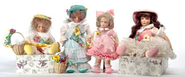 2 boxed Ani Li dolls, cloth 15" with flowers and: baskets, 17" flowered dres s( Lenci type ), 2 unboxed dolls - 13" girl with goose, 15" girl with flower basket