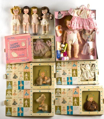 Lot of dolls and accessories - boxed Tiny Tears: with Rock a Bye Eyes ( extra dresses and accessories s, boxed Betsy McCall ( 7 1/2") brown hair, boxed Betsy McCall blond hair, boxed Betsy McCall outfits, Happy Angels set, 2 Ginger dolls