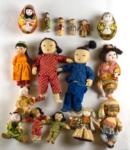 Lot of 16 Oriental dolls - most cloth some: composition, 2 porcelain figures , 2 wooden nesting dolls 3 1/4" (16dolls)
