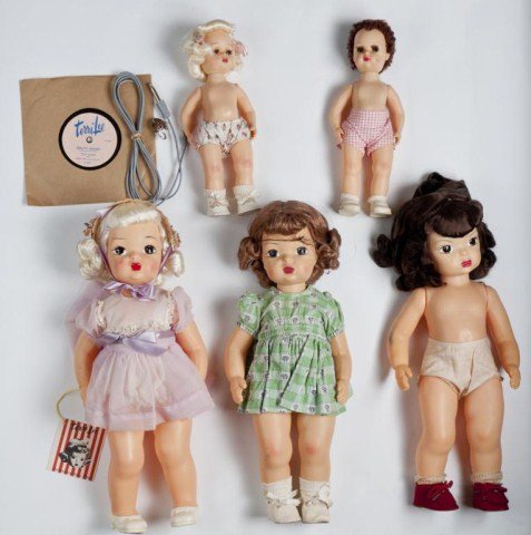 Five boxed Terri Lee dolls - 16" brown hair (no: clothing does have shoes) , blond Terri Lee talking doll (beautiful clothing - record & cord ), Terri in Undies - tagged dress, shoes & socks, Tiny Terri Lee in Can Can pants 11", - Tiny Terri Lee in 