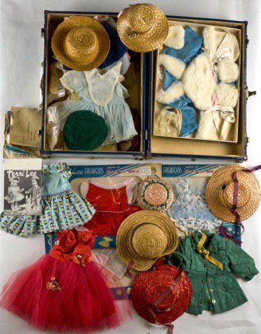 Trunk lot Terri Lee fashions - 3 costumes in: envelopes - Sunday School, Tiny Jerri Summer Suit, Can Can pants, 6 straw hats, Brownie outfit with hat, tagged dresses, pants, shirts, Girl Scout dress & cap, Majorette outfit with hat, dress & ice s