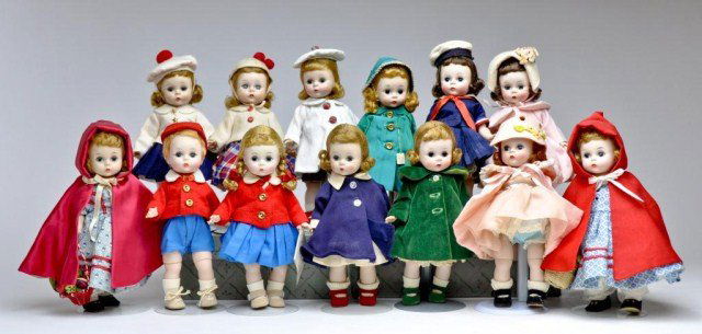 Lot of 13 Alexander kins- Red Riding Hood 1955: SLW, Red Riding Hood 1962-72 bend knees, Train Journey #468-1955, On School Trip #569-1956, In Sailor Dress, Stroll in Park (hat missing) #438-55,Ready for any Weather, Goes on Train Journey #468-1955