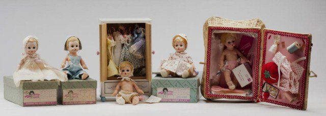 5 Little Genius dolls - Madame Alexander, 3: boxed, 1 in Sewing Basket with sewing accessories, I in wardrobe with clothing