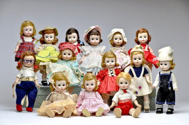 Fourteen Madame Alexander kins - Billy #420-1959-: Wendy Fond of Outdoor Sports #358 (hat missing ) , Wendy Ready for Horseshoe #541 195 8- Wendy thinks Roller Skating is Fun #556 1956 - Patty Dressed for any Occasion #335-1960, - Wendy Wears Morning