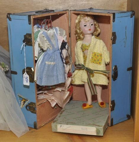 1 doll with trunk & clothing - 14" hard plastic: doll with outfits along with tagged Madame Alexander clothing,