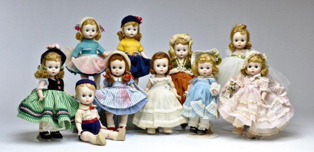 Lot of 10 Madame Alexander Kins - Little Madaline: 1953 - straight leg - Mary Louise 1954 straight leg - Little Victoria #328 1954 straight leg - Binnie Walker dress - Wendys First Long Dancing Dress #606 1956 bend knee walker- Wendy in Party Dress #5