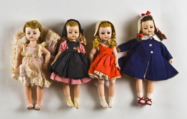 Lot of 4, 11" Madame Alexander dolls - blue coat -: neck loose - Lissy in red - Lissy in rose with back apron