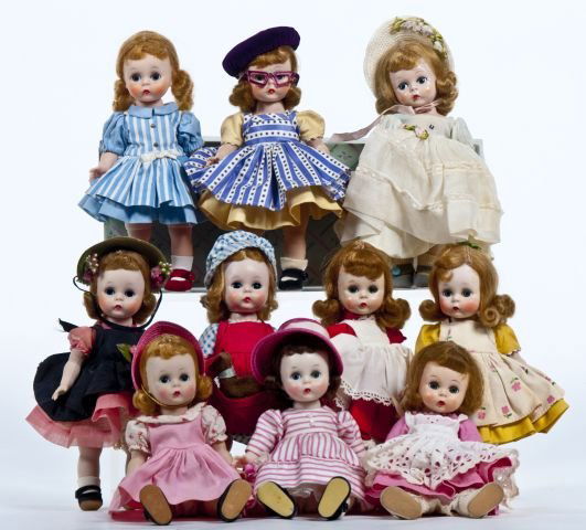 Lot of 10 Madame Alexander Kins, Southern Belle: type 1955 SLW, Dressed for Any Occasion #335 BKW, Another Polished Cotton Dress #589 1956 BKW, Fun Wearing Black Taffetta Pinafore #383- 1956, Plays in Garden with Animal #440-1955, plus 5 more