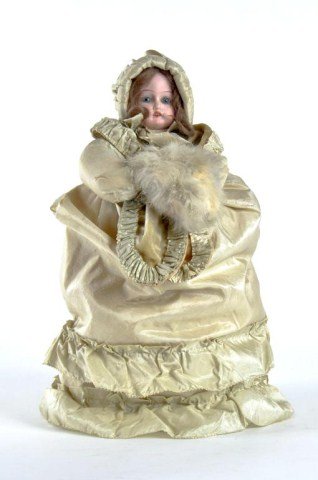 AM 100 Germany Muff Doll. Silk clothing, open: mouth with teeth showing, blue eyes, fur muff, silk