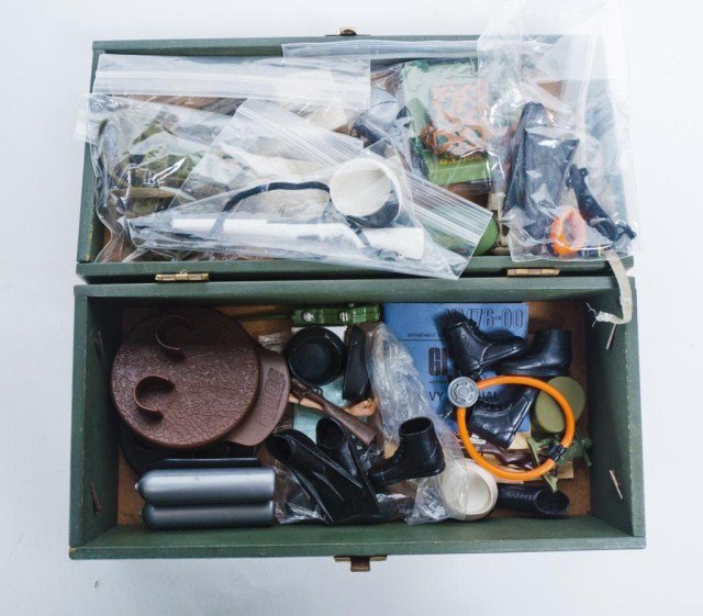 Lot of GI Joe accessories, Spy Kits, Clothing,: trunks, dolls, etc.
