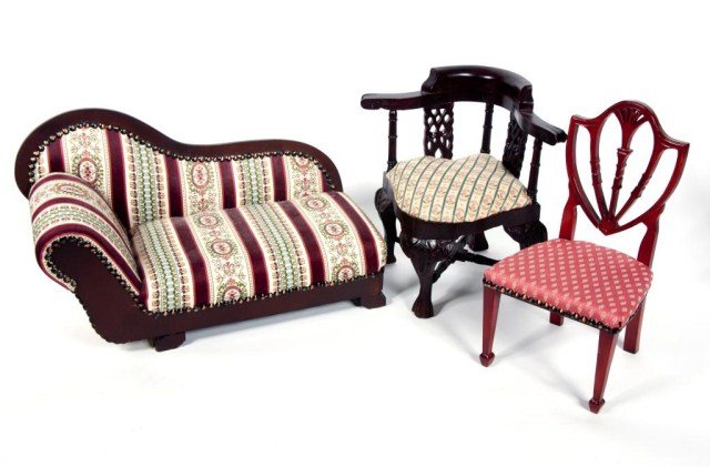 5 Victorian style chairs - largest - 22"tall -: red velvet upholstered settee - 16" long, - 2 chairs an 1 cleaner chair 12"high