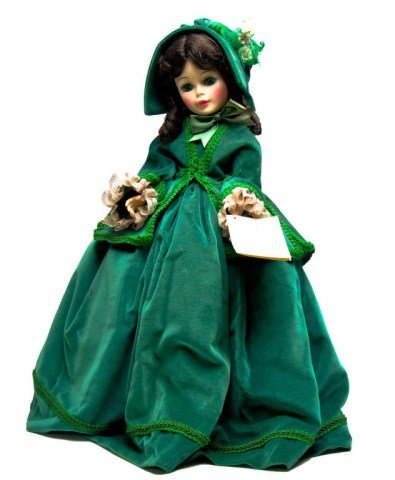 2 large Madame Alexander Scarlett Dolls: #1-(25 inch)silk dress, large straw hat, shoes - all original- clean condition. #2- (21 inch )Scarlett green velvet gown, dress could use a brushing out.