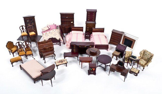 Lot of Columbia doll house furniture: Sofa (63/4" long), Table (2 1/2"tall x 5 1/4" long ) , beds, chairs, cradle, corner cabinet, settees, etc.,