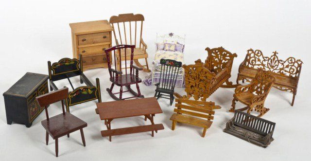 Lot of mixed doll house furniture - beds,: chest, settees - some velvet covered oak, cradle, rocker, bench ( 4 1/2" x 6 1/2)", rocking chair( 5 1/4" tall) wicker chairs etc.,