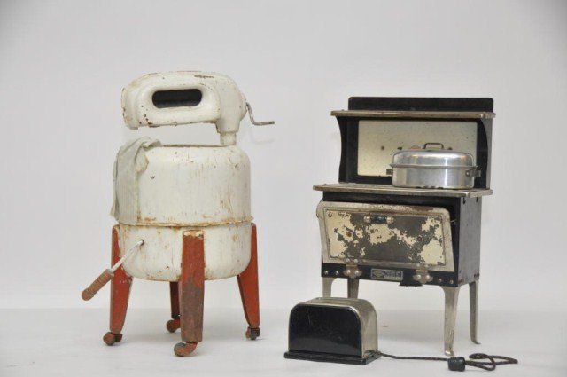 Larger toy appliances - washer (17"), toaster,: stove 16" (3 items)