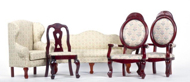 Victorian large scale upholstered furniture lot -: Settee (25"long 12"high) with matching chair ( 14"tal) l, 2 walnut chairs (17"tall) with matching fainting couch - upholstered(18 1/2" long ) upholstered side chair
