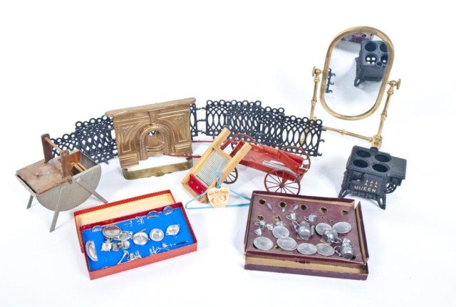 Lot of early miniatures - wash board with tin: (7"long) , Greg Craft range in box, German silverware set, English fireplace mantle brass( 6"high 9"long ) plus brass ornate mirror