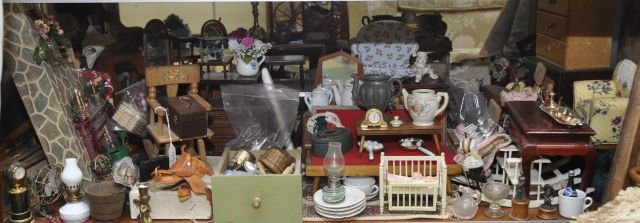 Lot of larger scale doll and doll house: accessories - most newer with some older furniture and accessories velvet chairs, (6" tall) stands, tables dishes and silver ware