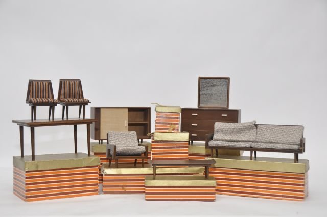 Lot Mattel mid century modern furniture with: most original boxes.Dressor & mirror, queen bed, end table , lamp , buffet - for 10 1/2" dolls