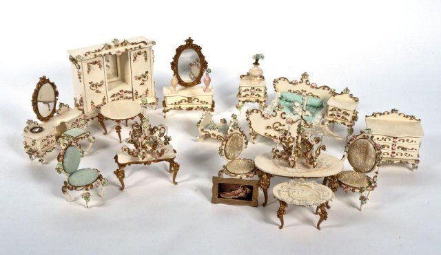 Lot of Spielwaren German doll house furniture -: very ornate bed-complete with white Angora cat ( 7 1/4" long 4 1/2"tall) , Armoire with mirror ( 8 1/4" tall), bureaus, dressing table with chair (6 1/2"tall ), 2 night stands , oval tables, round tab