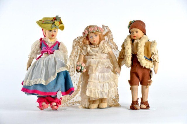 Lot of three Lenci Mascotte's - Male 9" script: and cloth tag - felt hat pants & shoes felt & wool vest, Swiss 9" script tag, felt dress & hat organdy blouse, apron & felt trimmed slip, Bride 9"- boxed no tags organdy dress with lace veil & gloves