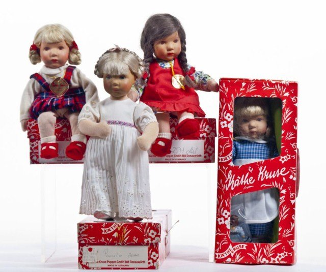 Four boxed Kathe Kruse dolls, Thumbelina 10 -: 10" blond girl in braids - 10" brown girl in braids - 10" Pamela missing tag