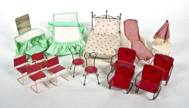 Lot of outdoor furniture & accessories for 8": dolls - blue cord settes & chair ( 10 1/4"long 5" tall), striped umbrella table & chairs, doll swing with red & white stripes (10") etc.,